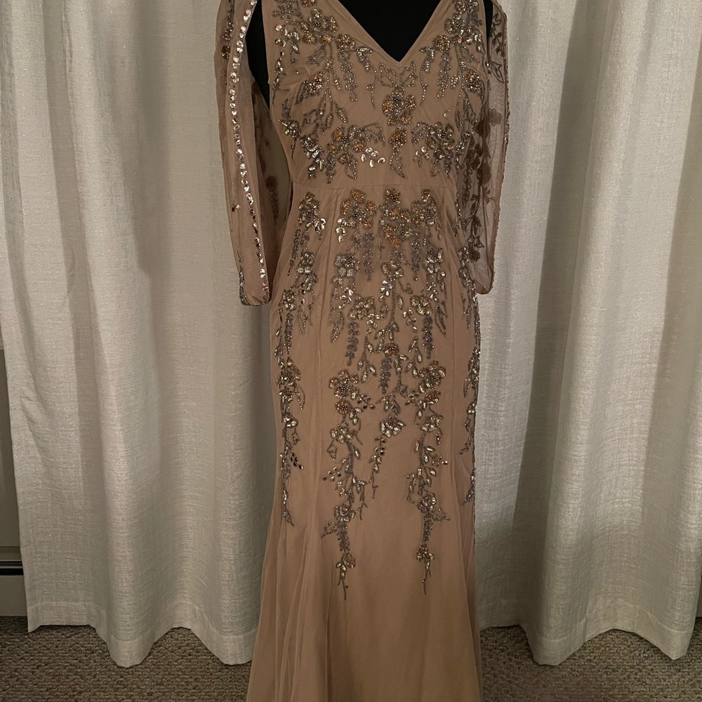 Stunning beaded cape sleeve taupe/nude formal long dress